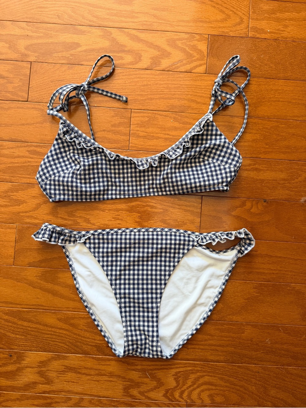 Women’s Blue Gingham Ruffle Tie Bikini Set - Navy & White Size Small